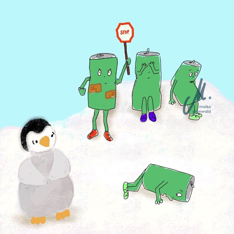 Vier Dosen und ein Pinguin